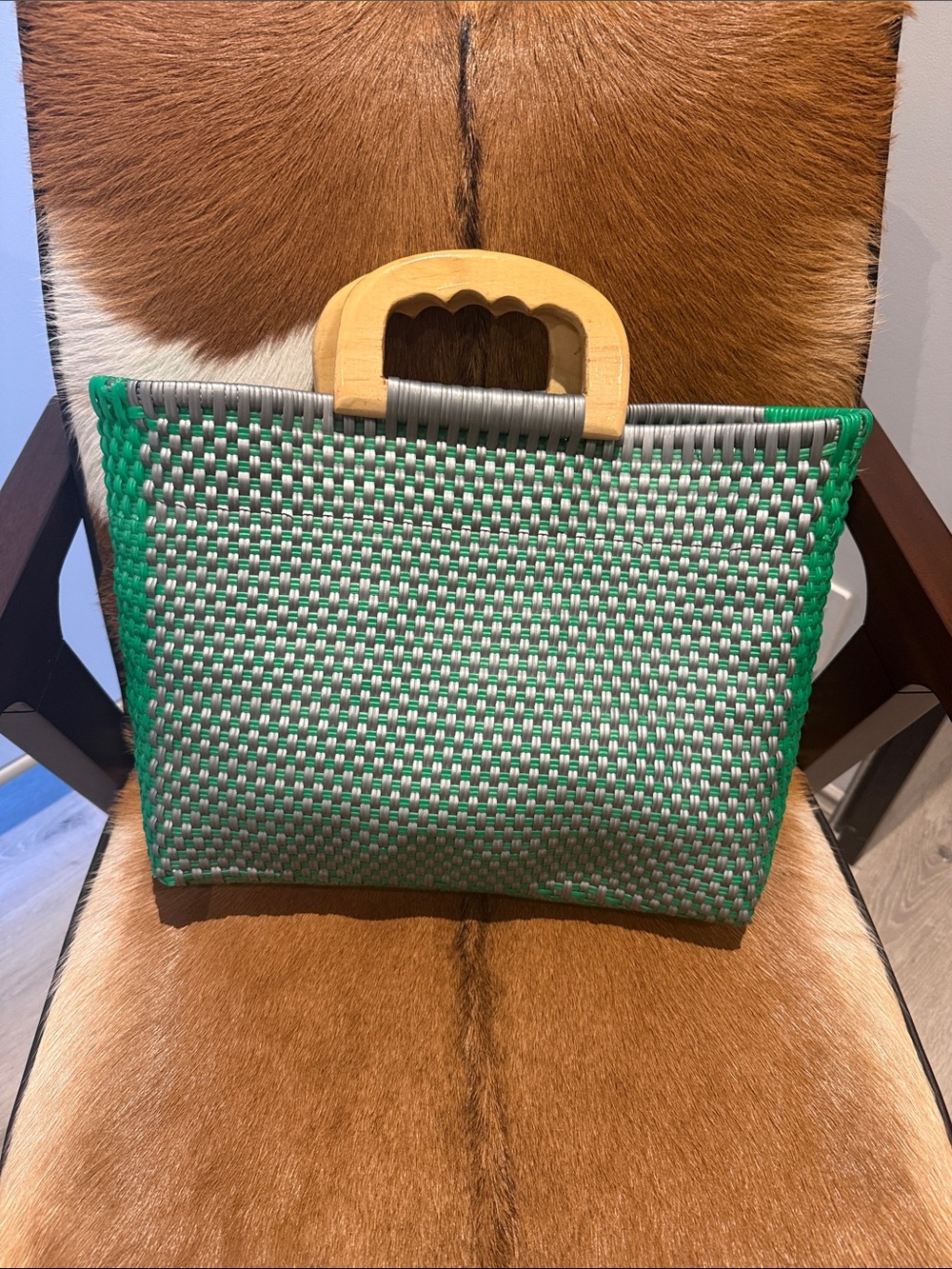 Woven Green and Gray Tote Bag with Wooden Handles